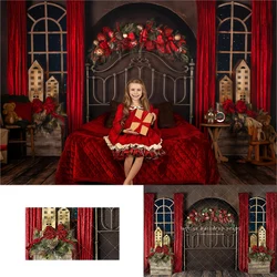 Christmas Bed Headboard Photography Backdrops Kids Family Photocall Red Curtains Photo Windows Backgrounds