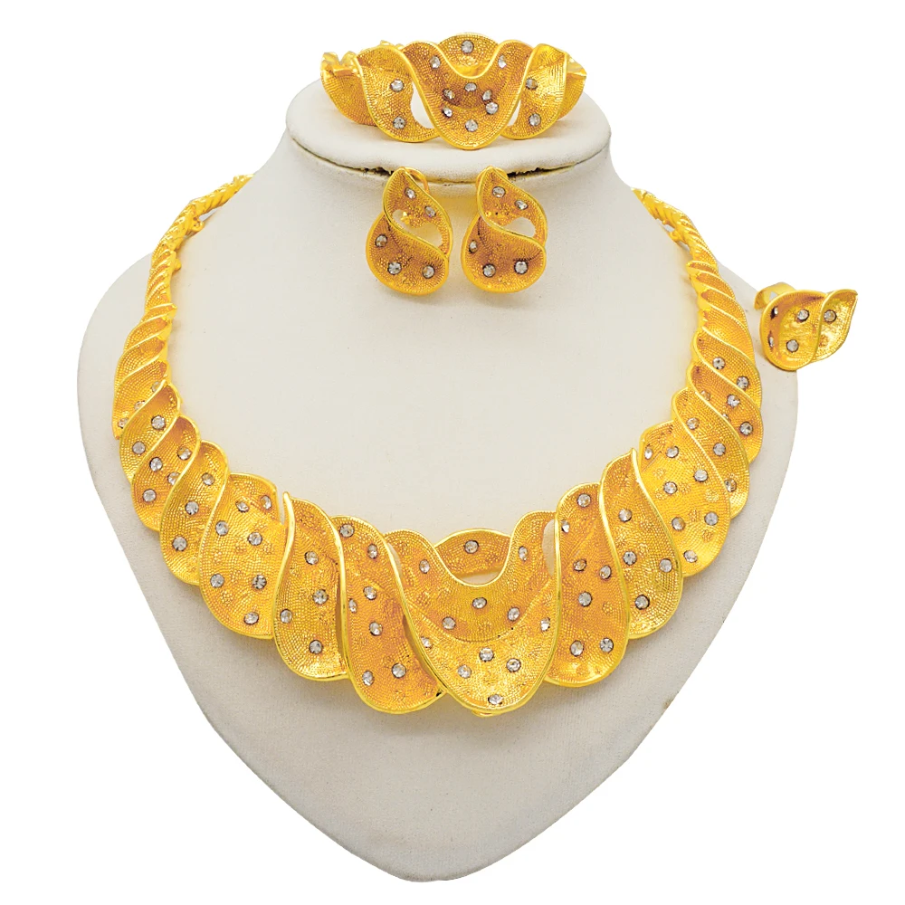 Dubai Color Color Jewelry Sets African Bridal Wife Gifts Wavy Shape Necklace Bracelet Earrings Ring Jewelery For Women Party image 2