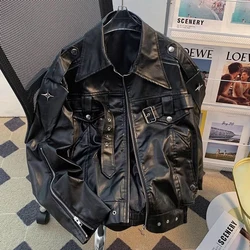 Men Pu Jacket Motorcycle Biker Straps Metal Pu Jacket Streetwear Fashion Versatile Trendy Casual Long-Sleeve Tops Men'S Clothing