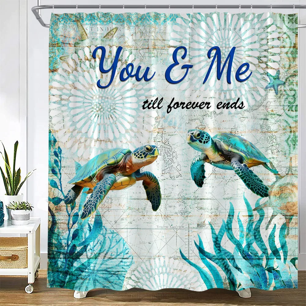 Sea Turtle Shower Curtain Ocean Coral Seaweed Watercolour Animals Plants Underwater Scenery Bath Curtains Kids Bathroom Decor