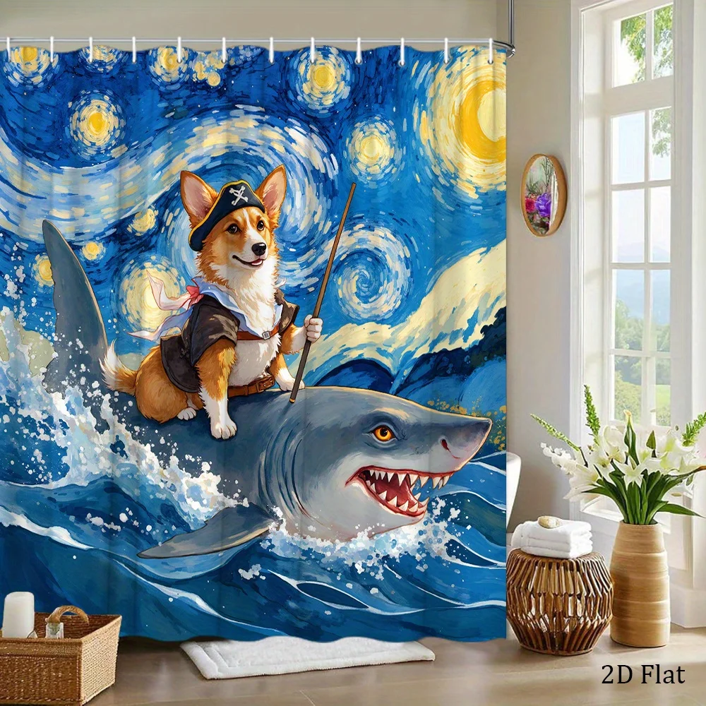 1pc Whimsical Pirate Corgi on Shark Shower Curtain, Van Gogh 