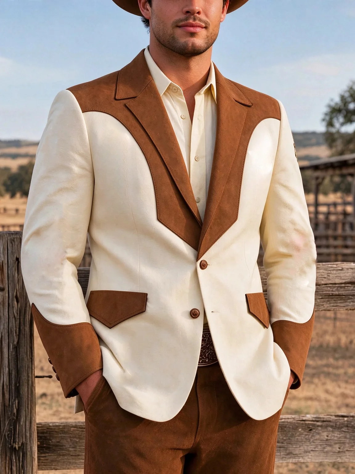 Vintage Cowboy Style Men Suit Notched Lapel Two Button Color Block 2 Piece Jacket Trousers Set Custom Village Prom Party Suits
