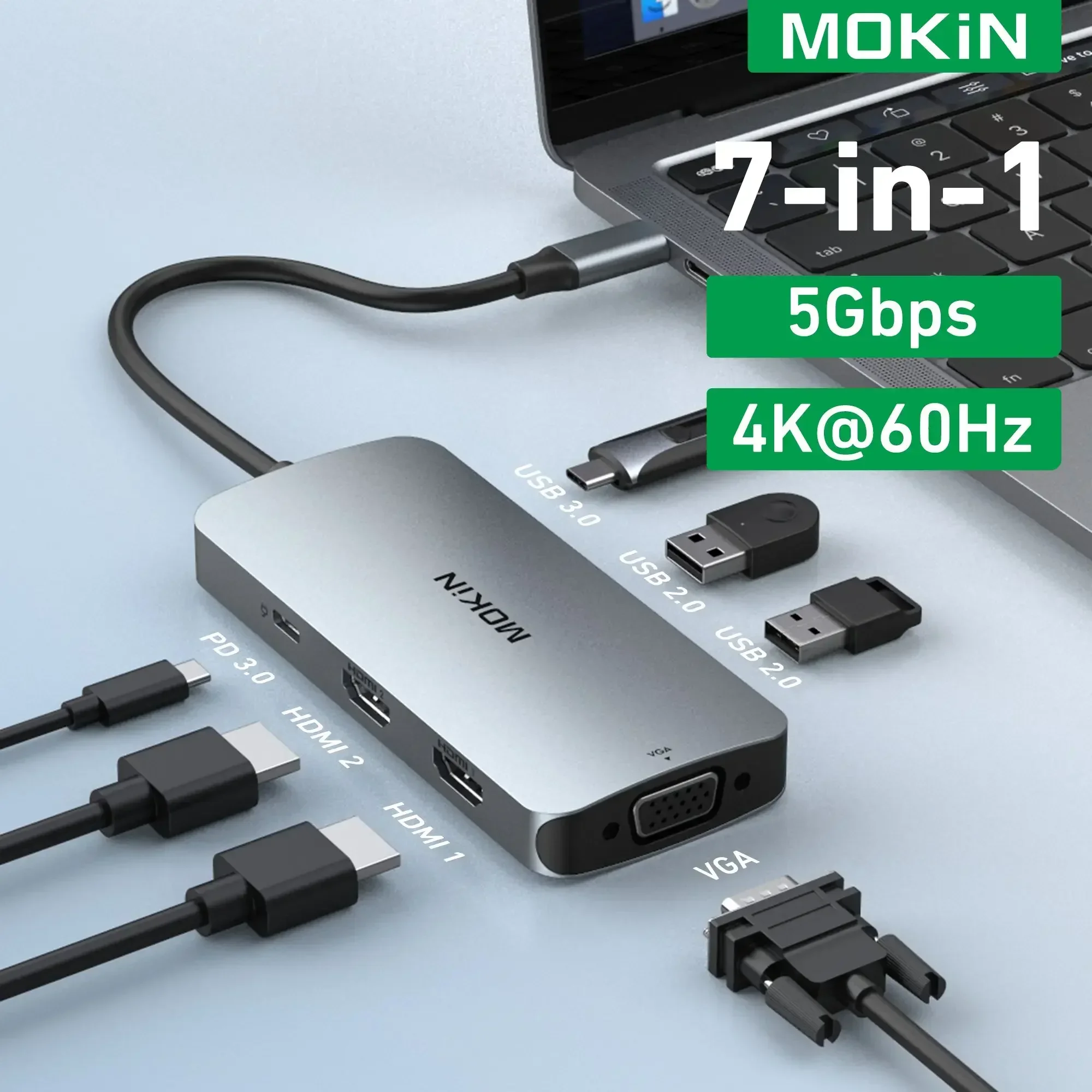 MOKiN 7 in 1 USB C Hub Docking Station 3 USB PD 100W 4K 30Hz/60Hz HDMI for Mac iPad Laptop PC Accessories