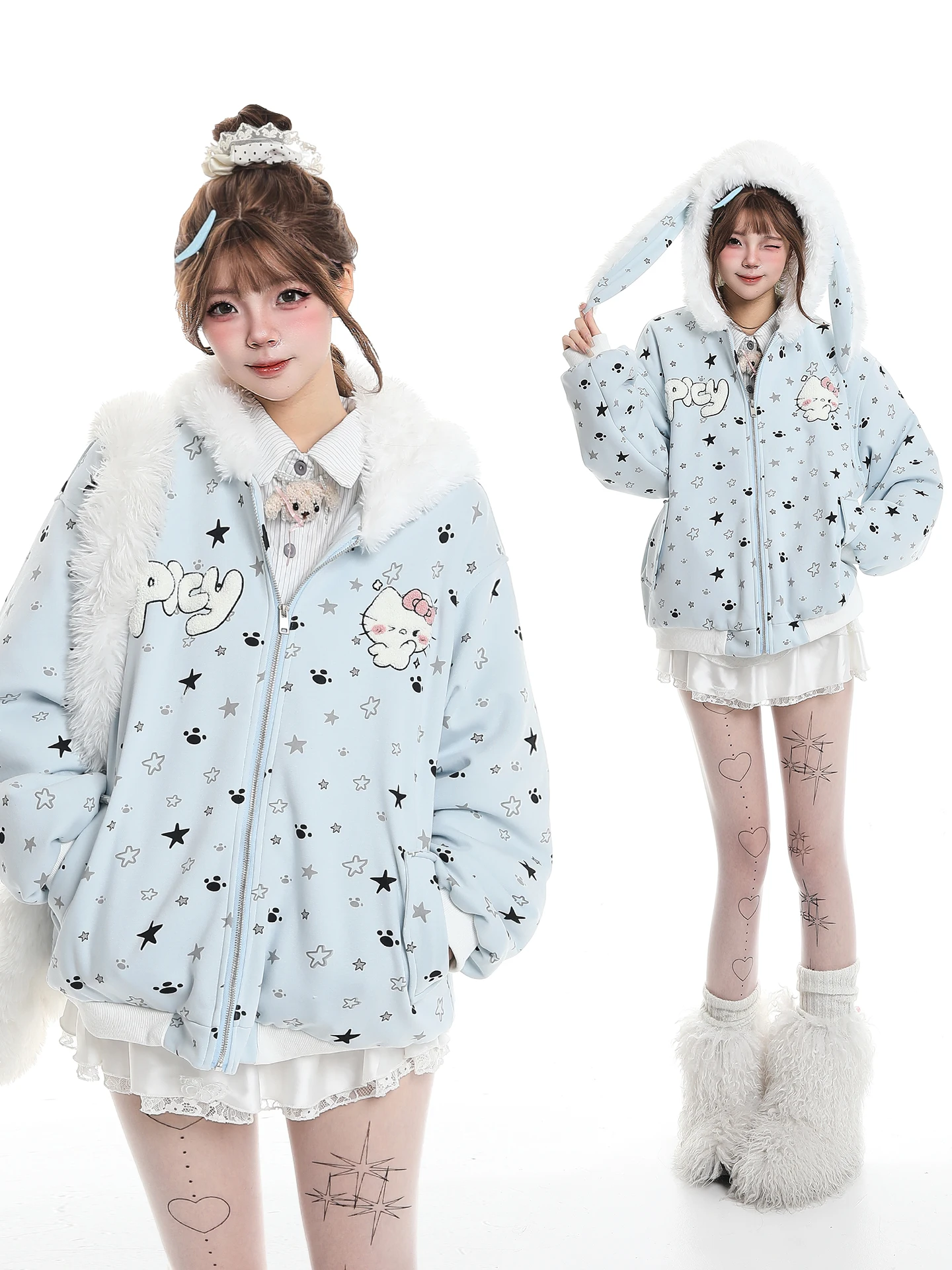 Sweet Cute Cartoon Rabbit Ear Hooded Thickened Cotton Jacket Women's Loose Fit Winter Coat Warm Plush Collar School Style