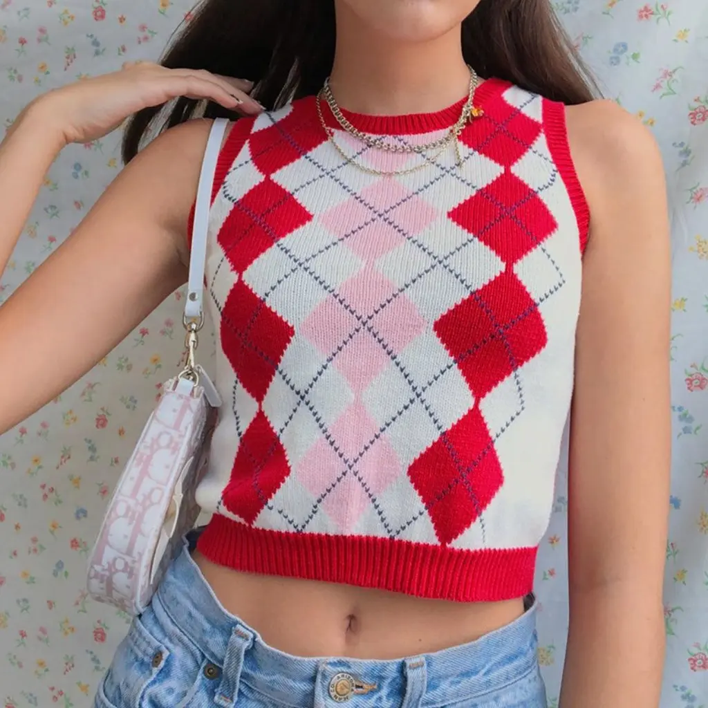 

Women's Sleeveless V-neck Knitted Vest Solid Color Plaid Stacked Sweater European And American Style Autumn Fashion