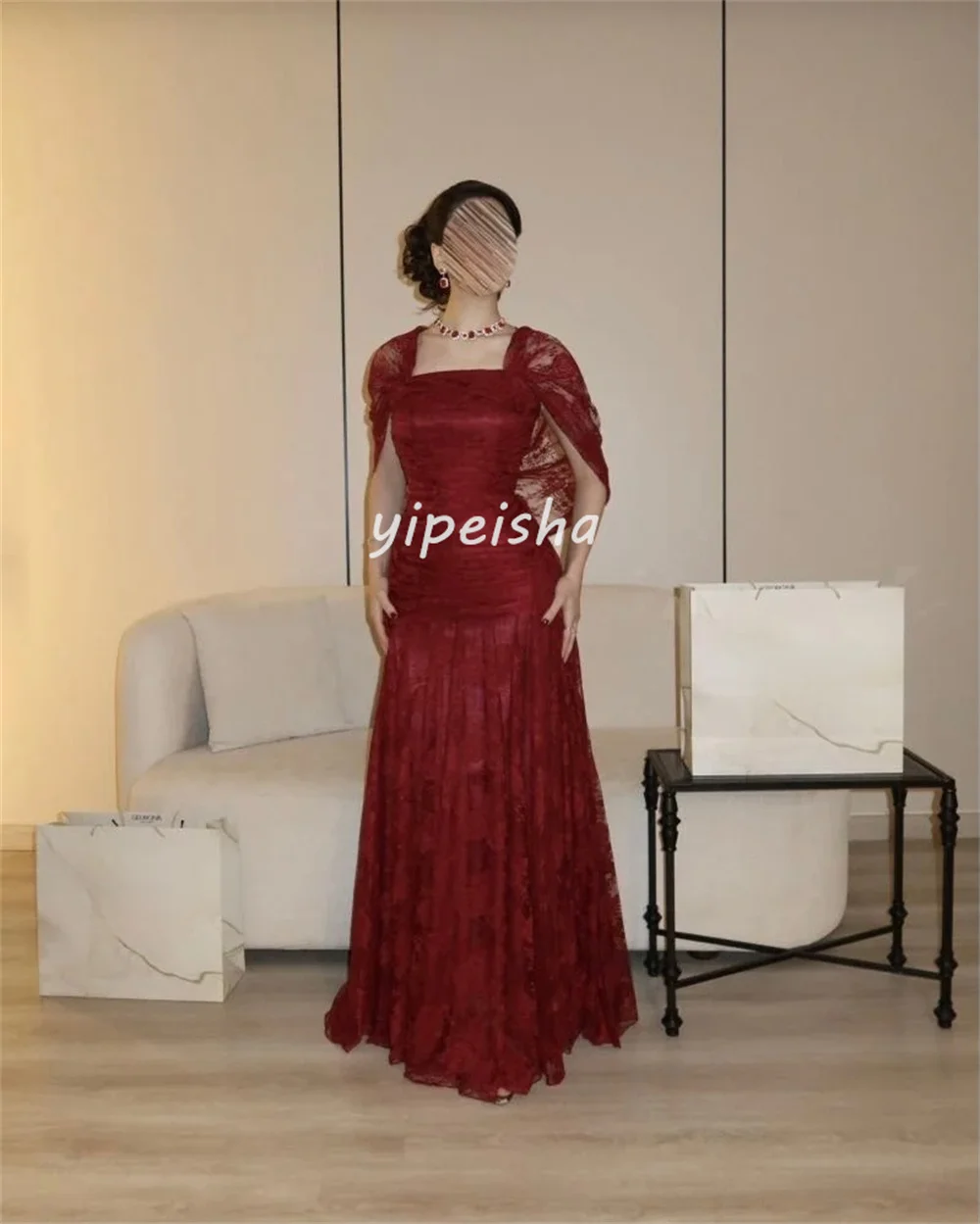Customized Exquisite Classic Lace Pleat Ruched A-line Square Neck Long Dresses Evening Dresses Casual Sizes Available Formal 4