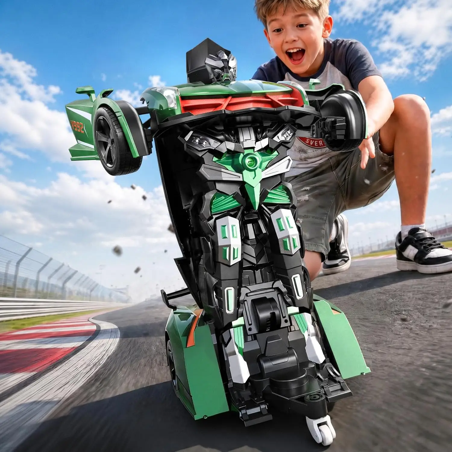 2-in-1 Transforming Robot Remote Control Car, 1:14 Scale RC Toy Car with Sound & Light Effects, Gesture Sensing, Automatic Deformation, Gifts for Boys and Girls Ages 4-6 (Green)