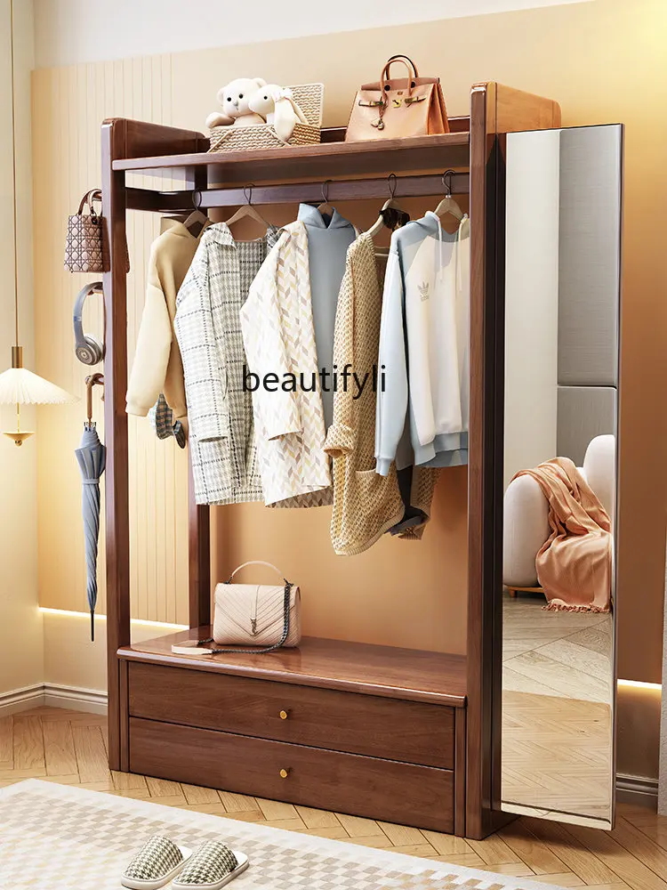 Wood Floor Coat Stand Room Clothesline Pole Full-Length Mirror Dressing Mirror Hanging Clothes