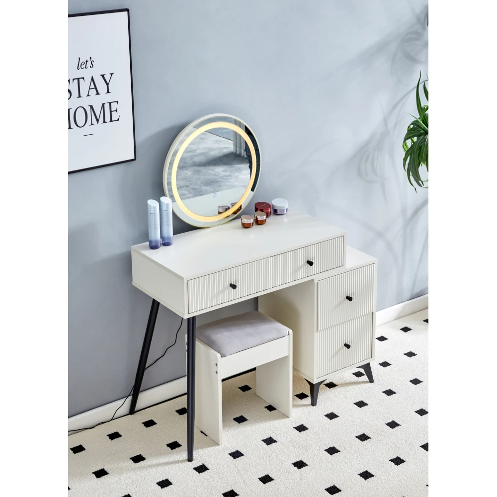 Fluted Makeup Vanity Desk with SQUARE LED Mirror Lights Modern Glass Top Big Vanity Drawers Dressing Table Set Stools Table Side