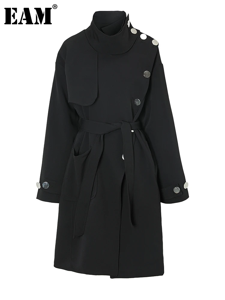 

[EAM] Women Black Button Big Size Long Trench New Stand Collar Long Sleeve Windbreaker Fashion Tide Spring Autumn 2024 1DF3286