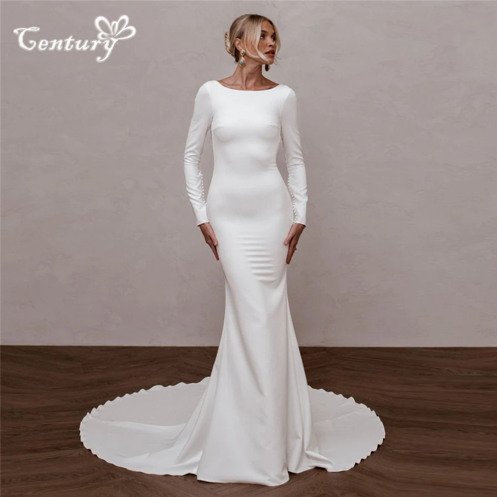 

Simple Wedding Dress for Women Backless Long Sleeve Pearls Button Mermaid Bride Dresses Civil Bridal Gowns Customized