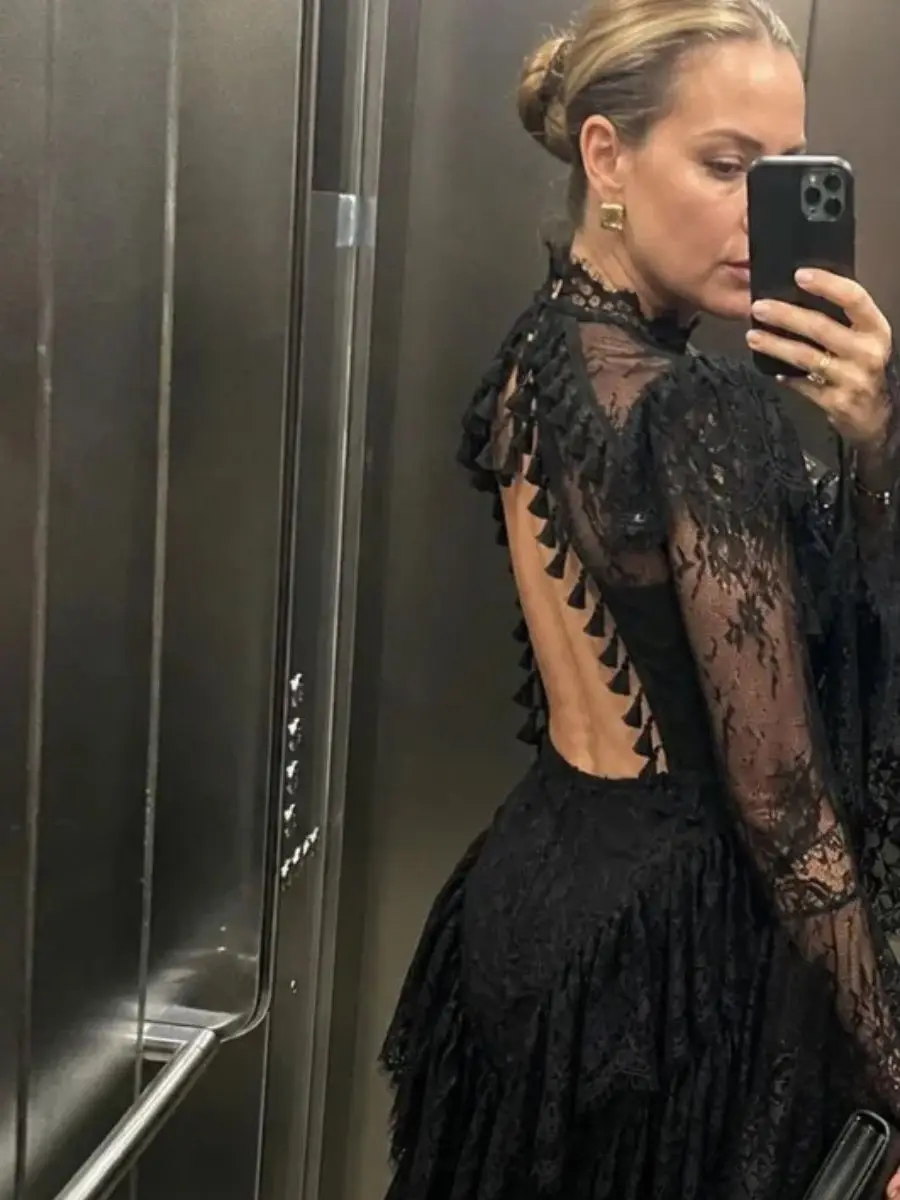 EGS Tassel Spliced Lace Slimming Dress for Women High Collar Flare Sleeve Patchwork Button Ruffled Maxi Dresses Female