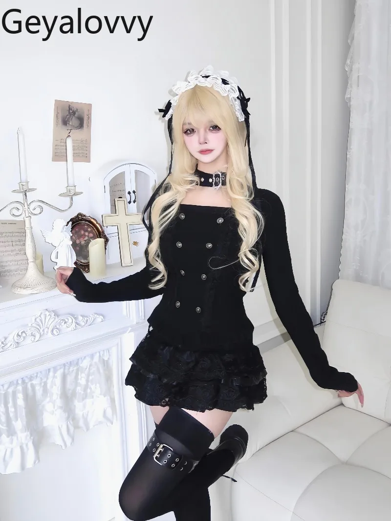 

2026 Spring New Dark Design Slim Fit Hollow Button Tops Subculture Sweet Girl Black Fashion Versatile Long Sleeve T-Shirt