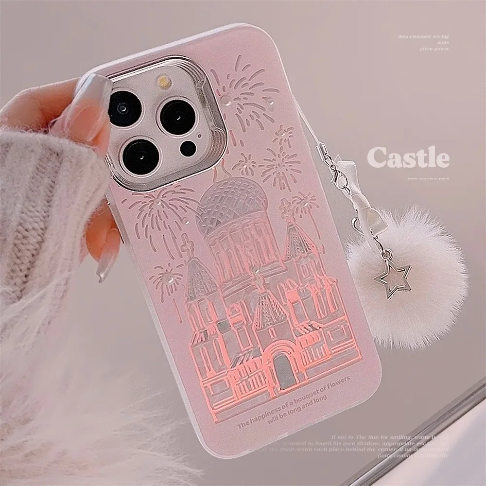 Pink dream castle church Sweet girls Plating Anime Phone Case For iPhone 15 14 13 12 11 Pro Max 15 Plus Case Cute cartoon Cover