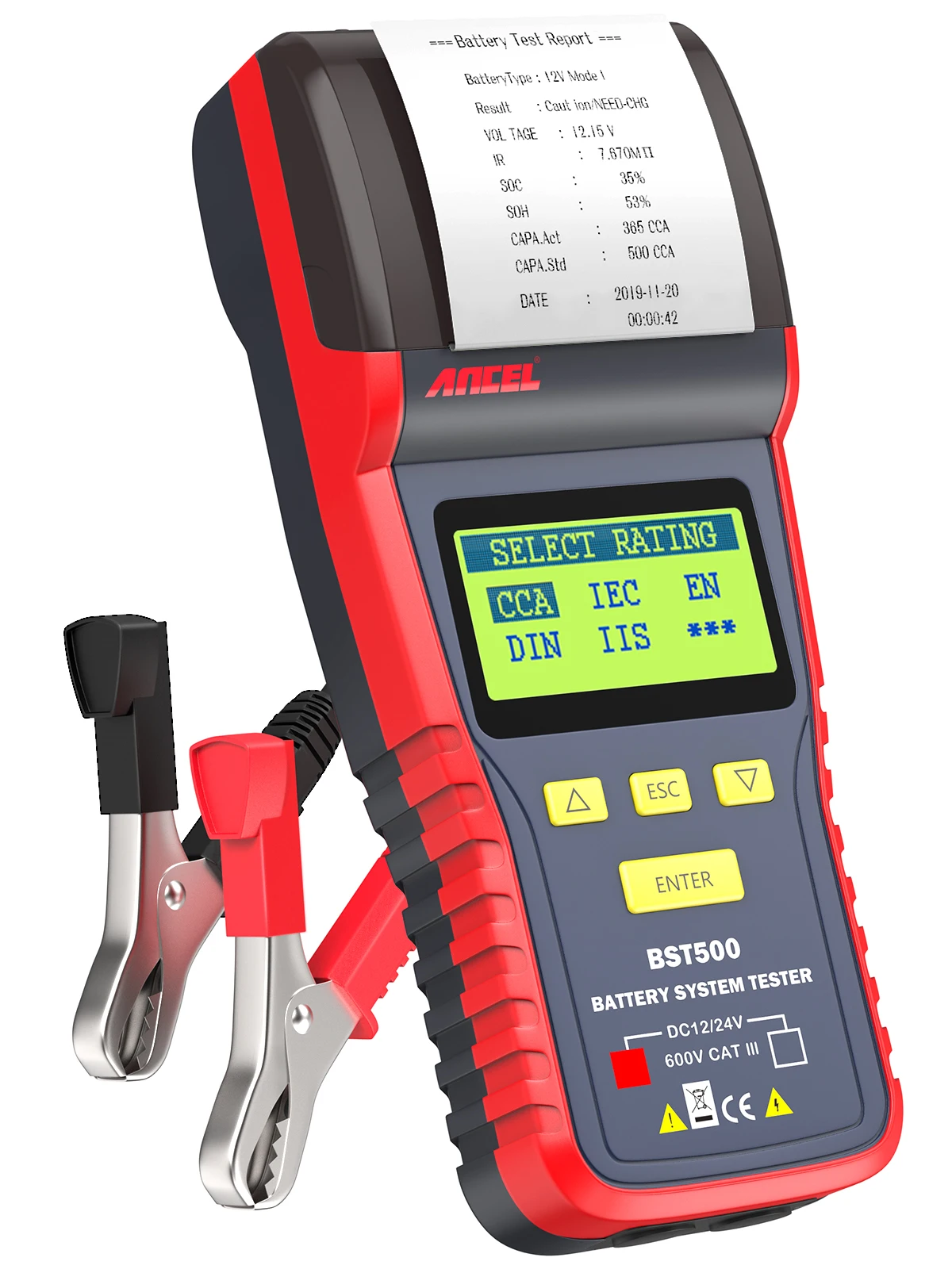 Testeur de batterie de voiture ANCEL BST500 avec imprimante 100-2000CCA 12V/24V, analyseur de charge et de démarrage pour batteries automobiles