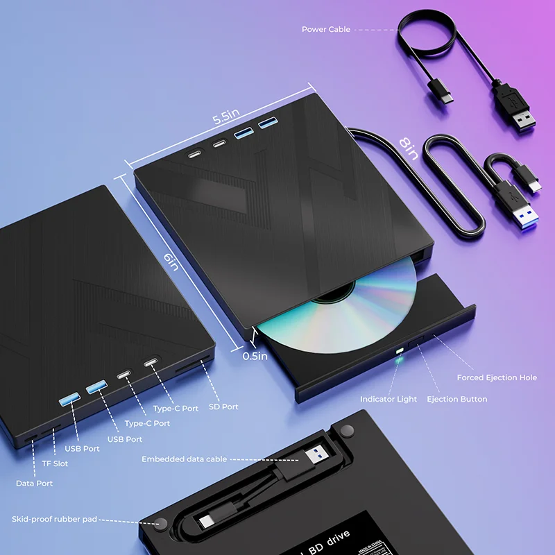 Unidad de CD DVD externa 7 en 1, unidad óptica externa multifuncional con 4 puertos USB, 2 ranuras para tarjetas TF/SD para ordenador portátil, MacBook y PC