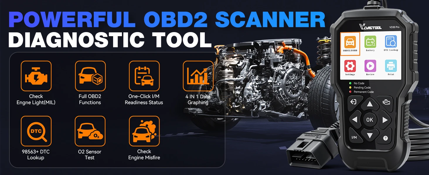 2026 VDIAGTOOL VD30Pro OBD2 Scanner Diagnostic Tools OBDII Code Reader Tool For Check Engine Light Battery Voltage Testing