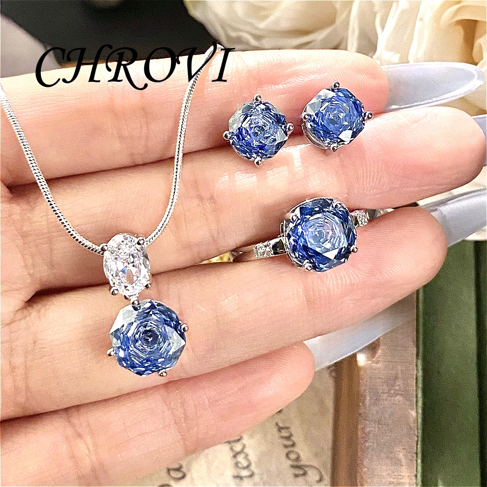 Medieval 925 sterling silver rose blue-gray pendant, dazzling gemstone pink diamond ring, purple diamond set.