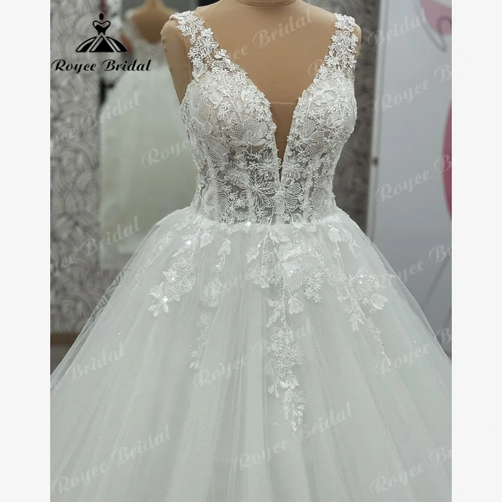 Luxury Plunging V Neck Lace Shiny Glitter Ball Gown Wedding Dress for Women 2024 Lace Up Back Bridal Gown vestidos invitada boda