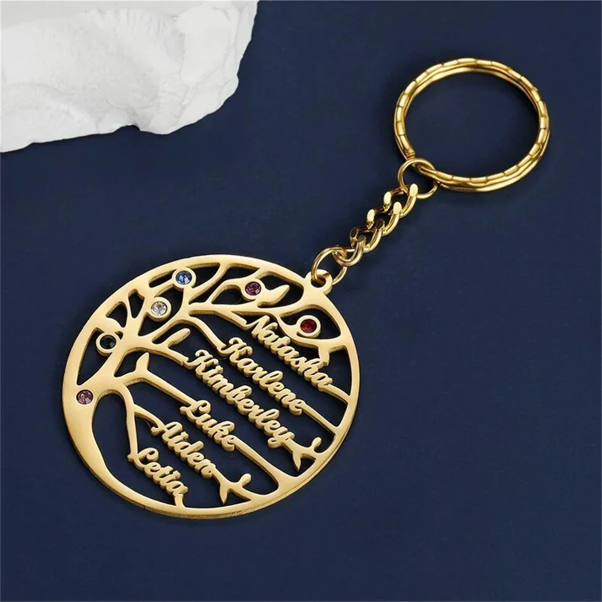 Customized Tree of Life 1-6 Names Keychain Birthday Stone Family Names Key Chain Stainless Steel Keyring Friends Jewelry Gifts