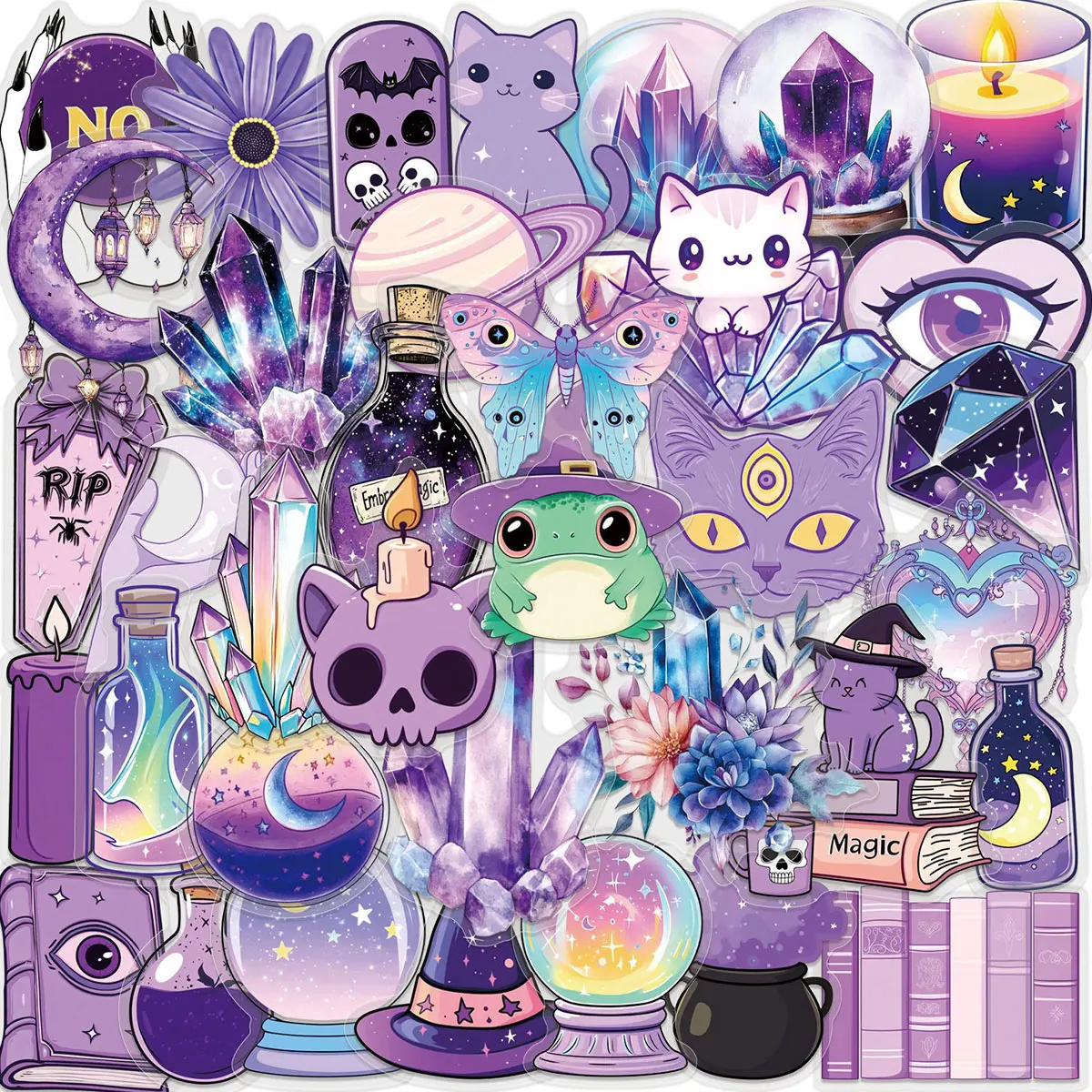 50 Purple Magic-Themed Stickers with Crystal Cat and Witch Elements, DIY Decoration Materials for Journals