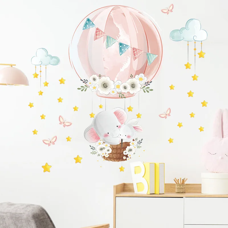 Cartoon Elephant Rabbit Hot Air Balloon Wall Sticker Child Room Decor Mural Kids Bedroom Background Decoration Beautify Decals