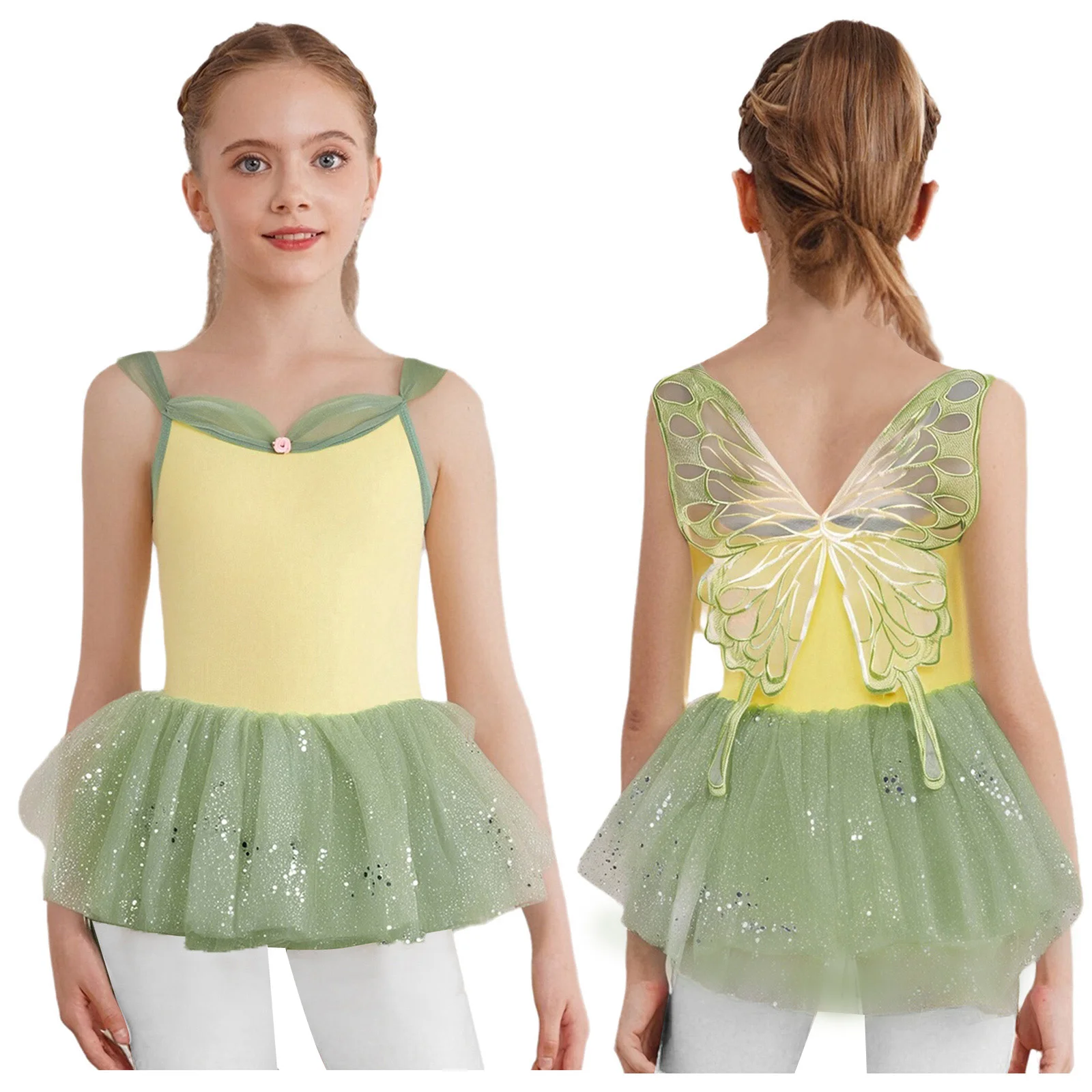 

Teens Girls Ballet Gymnastics Leotard Dress Outfit Sleeveless Butterfly Back Leotard with Tulle Tutu Skirt Stage Performance Set
