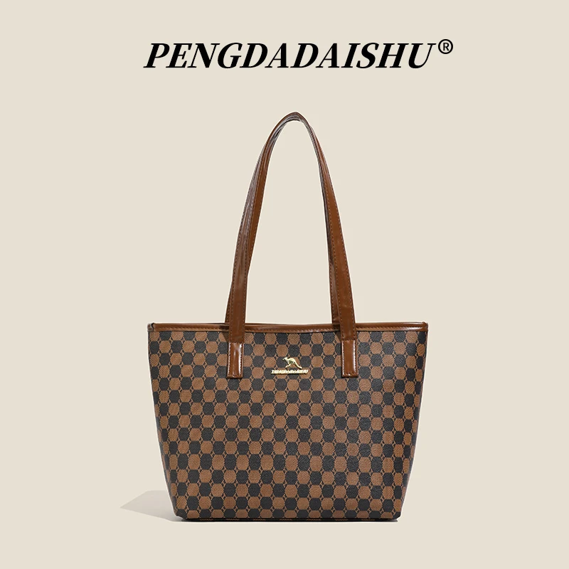 Mommy Bag Versatile Plaid Soft Leather Single-Shoulder Bag, Large Capacity Tote for Work and Commuting, Stylish Women's Handbag