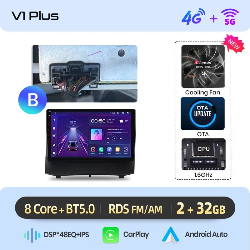 Junsun draadloze CarPlay Android Auto autoradio voor Ford Fiesta Mk7 (JA8/JR8) 2008-2017 met ingebouwde koelventilator, Android GPS navigatie, multimediaspeler, WiFi, DSP, RDS, BT, SWC, IPS