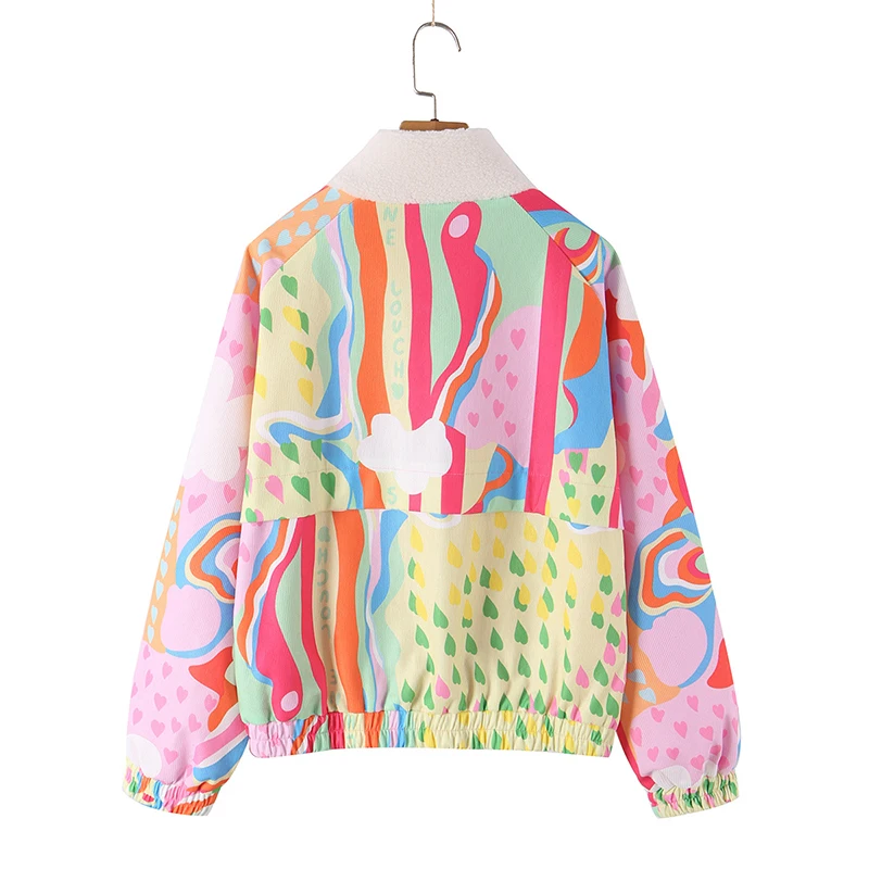 Women Colorful Abstract Paint Print Jacket Warm Stand Collar Zip Up Autumn Loose Outerwear