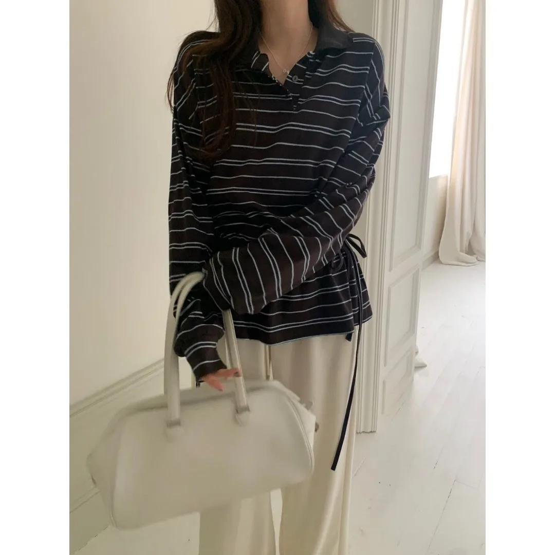 East Gate Inizio autunno pigro casual Faion design a righe con cintura in vita Ne T-shirt da donna Primavera Estate Autunno Inverno