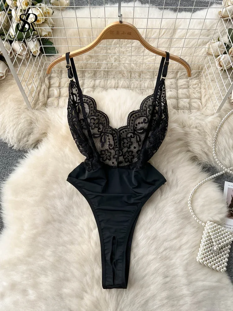 Camicie senza maniche Tute sexy in pizzo Donna Lingerie sottile senza schienale Pagliaccetti trasparenti Summer Night Club Tute erotiche