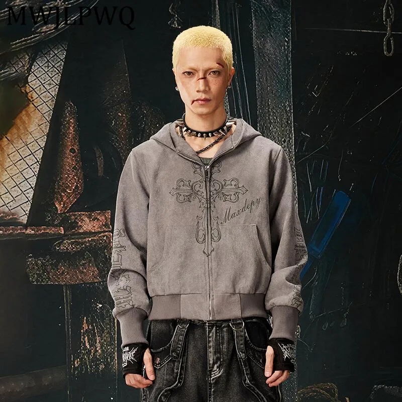 

MWJLPWQ Men's New Gothic Y2K Printed Short Sweatshirt High Street Slim Fit Hooded Zipper Design Unisex Casual Tops Spring 13321