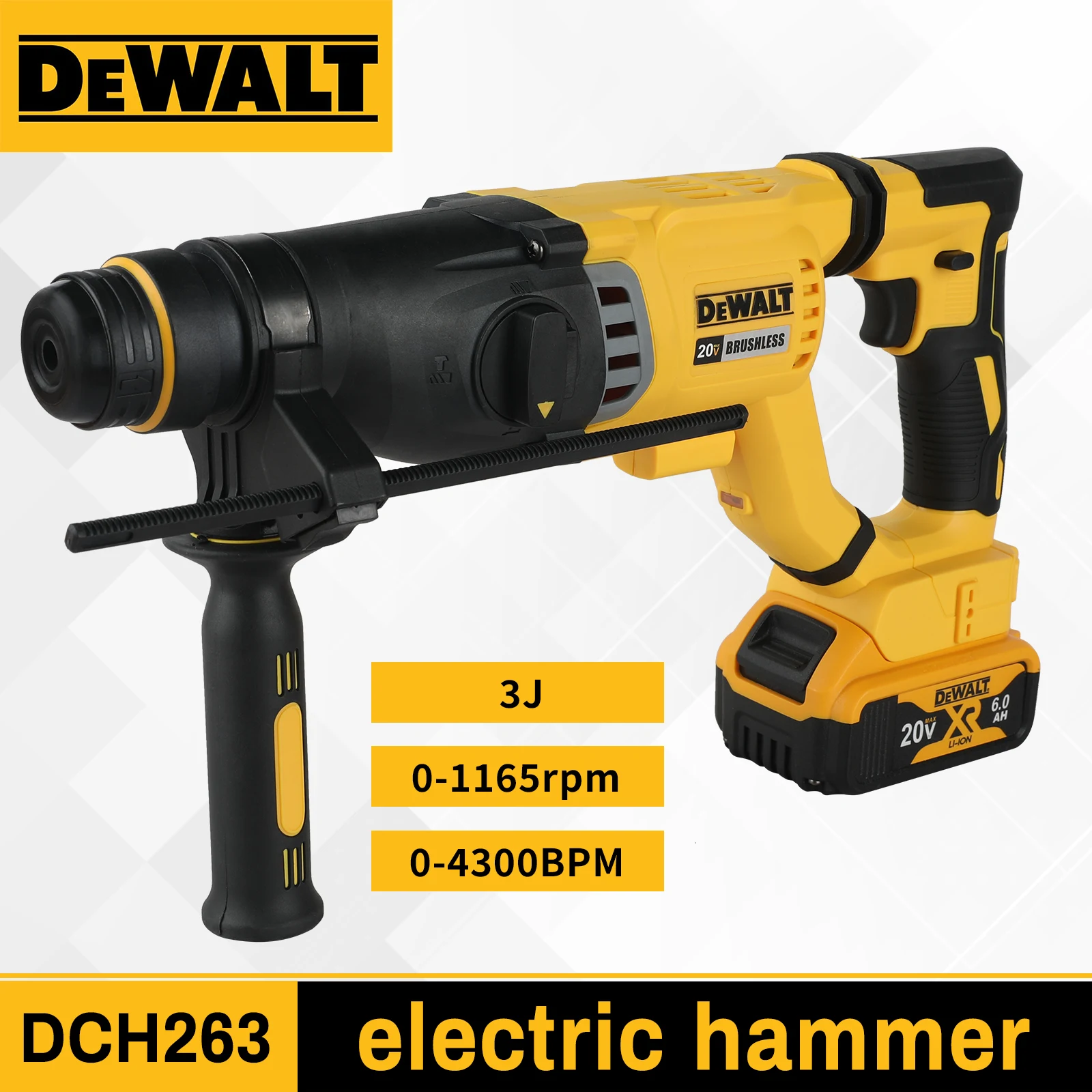 Marteau perforateur rotatif sans fil DEWALT DCH263 20V, 3J d'impact, batterie 6.0Ah, poignée souple, outil électrique pour béton et bois