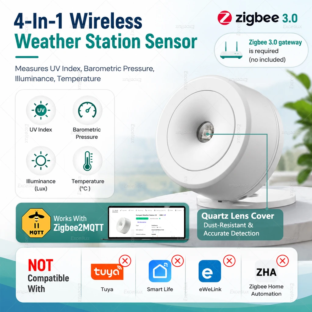 Wireless Zigbee Weather Station Sensor 4-In-1 Real Time Monitoring UV Index,Baro,Illuminance,Temperature Works With Zigbee2MQTT