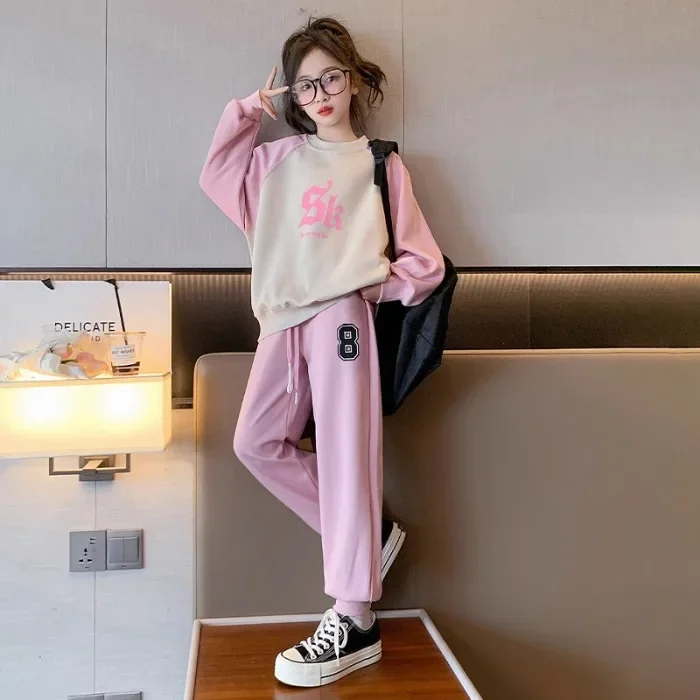 

2023 Autumn winter Teenager Girls Clothes Set patchwork lettes Sweatershirt T-shirt+ loose Pants Child tracksuit 11 12 Years