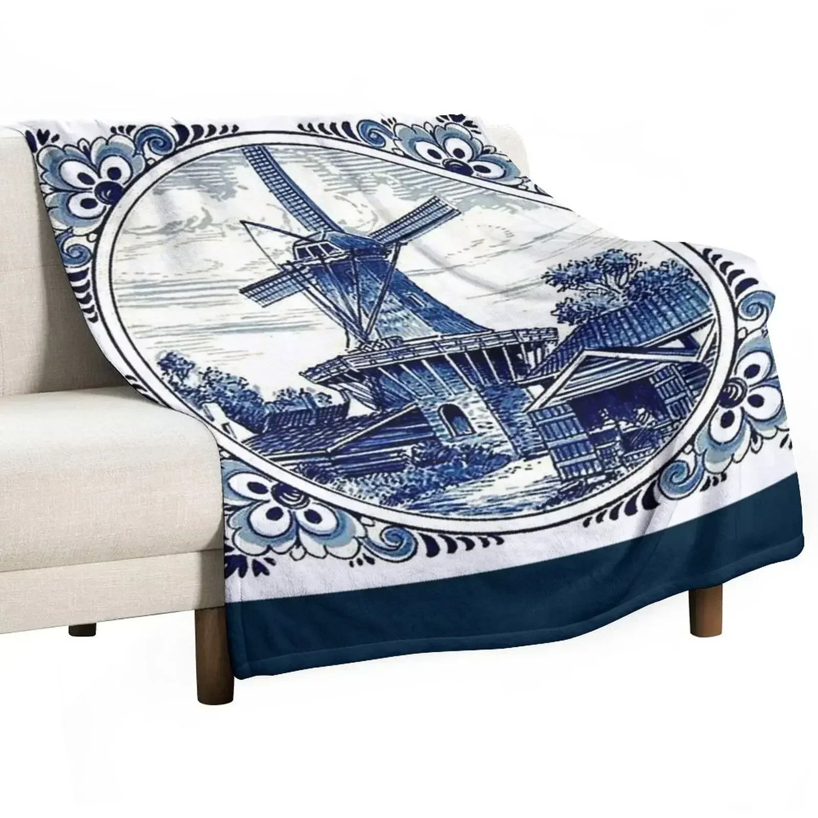 

DUTCH BLUE DELFT : Vintage WindmillPrint Throw Blanket Weighted Moving Loose warm for winter Blankets