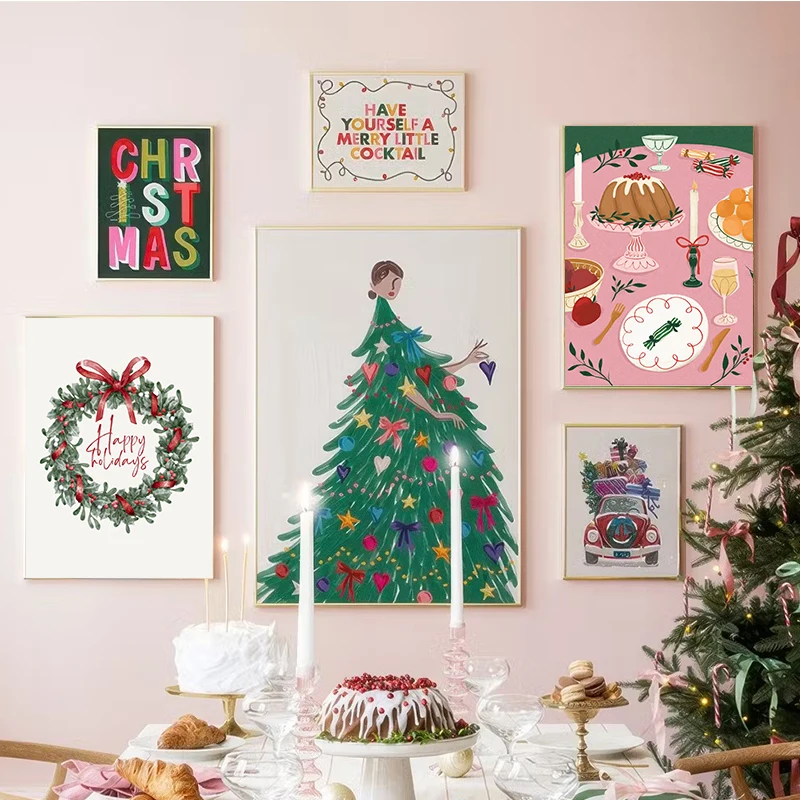Christmas Tree Ball Decoration Poster Frosted Holly Winter Van Canvas Painting Snowflake Prints Decorative Home Room Picture