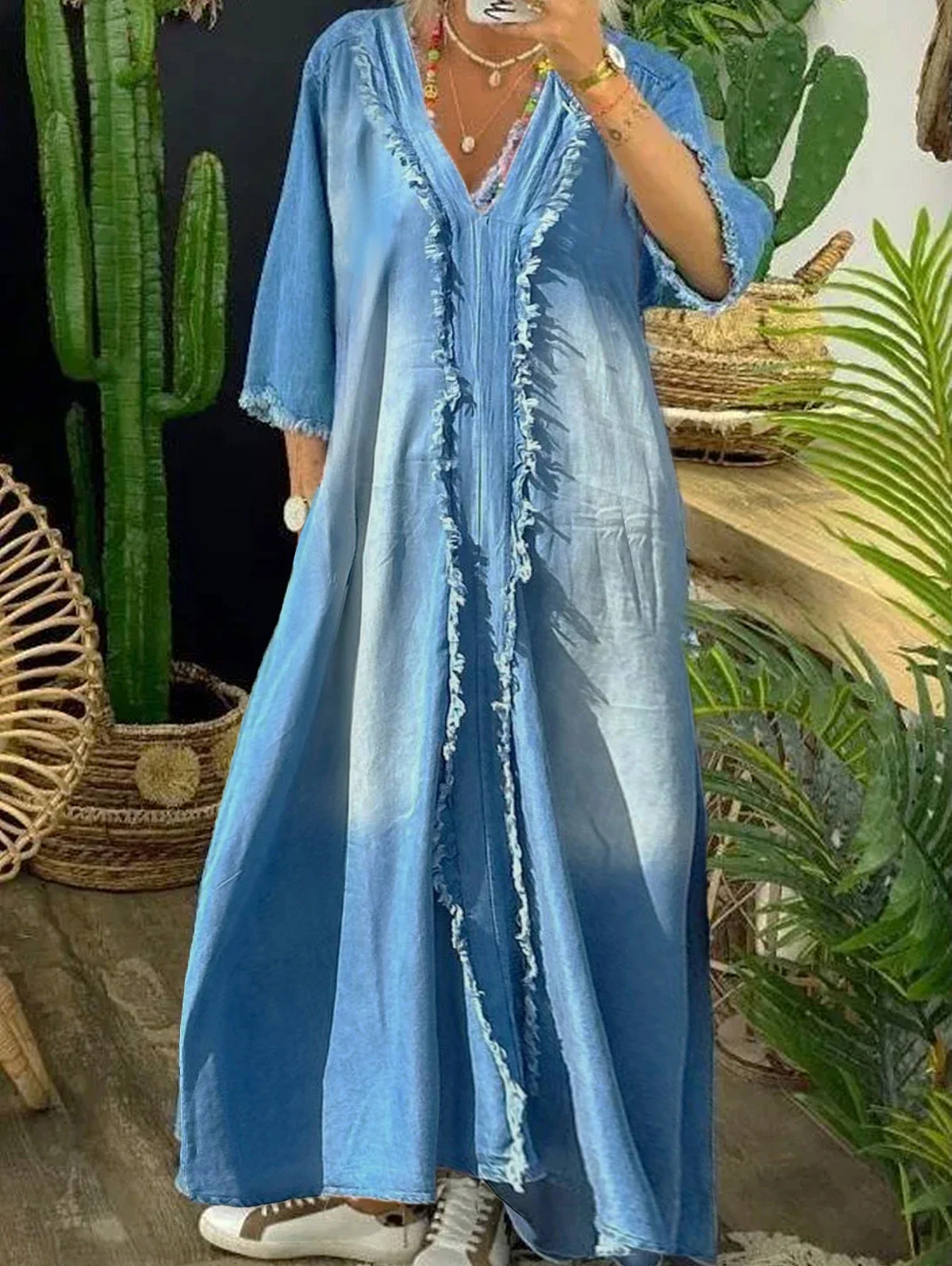 

Denim Raw Trim V Neck 3/4 Sleeve Maxi Dress Women Summer Loose Denim Big Swing Dresses Lady Casual Stitching Jeans Skirt