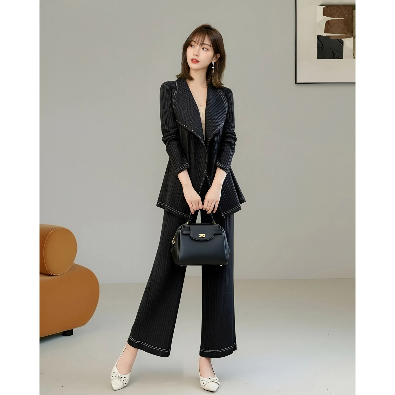 Miyake Women Pleated 2 Piece Suit, Lapel Open Front Long Sleeve Blazer & Wide Leg Pants, Elegant Matching Outfit