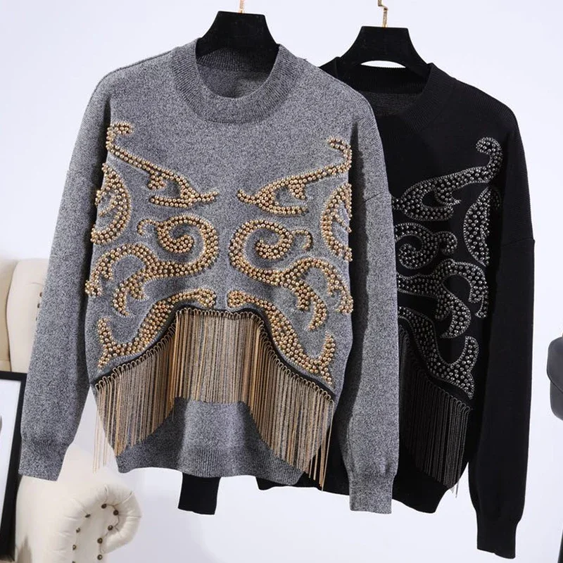 

Manual Beaded Chain Tassel Casual Tracksuit Outfits Women O Neck Pullover Sweater Pencil Pant Female Knit Sport Sets Black Grey