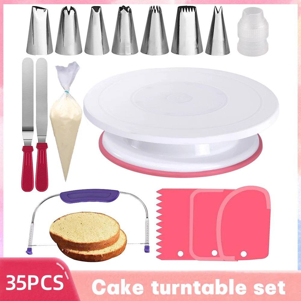 35PCS Anti-slip Cake Turntable Rotating Set With 7 Icing Tips 20 Piping Bag 1 Straight & Offset Spatula 3 Cream Scraper Set