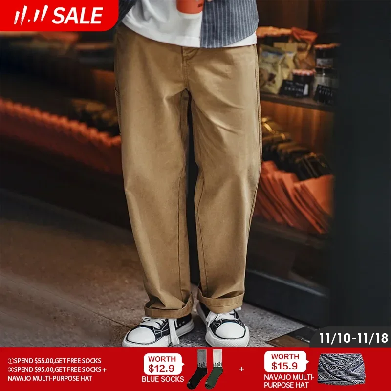 Maden Vintage Casual Pants for Men American Retro Khaki Lumberjack Pants Loose-fit Wide-leg Straight Pants for Men