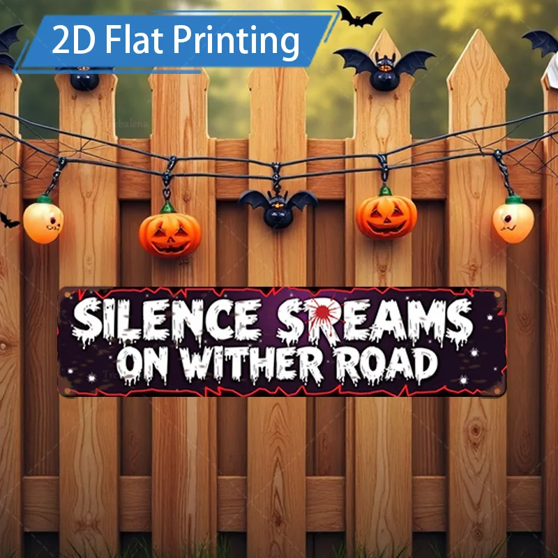 

1pc Metal Sign, 4x16inch Halloween Silence Screams Iron Sign, Wither Road Decor, Spooky Pumpkin Bat Art