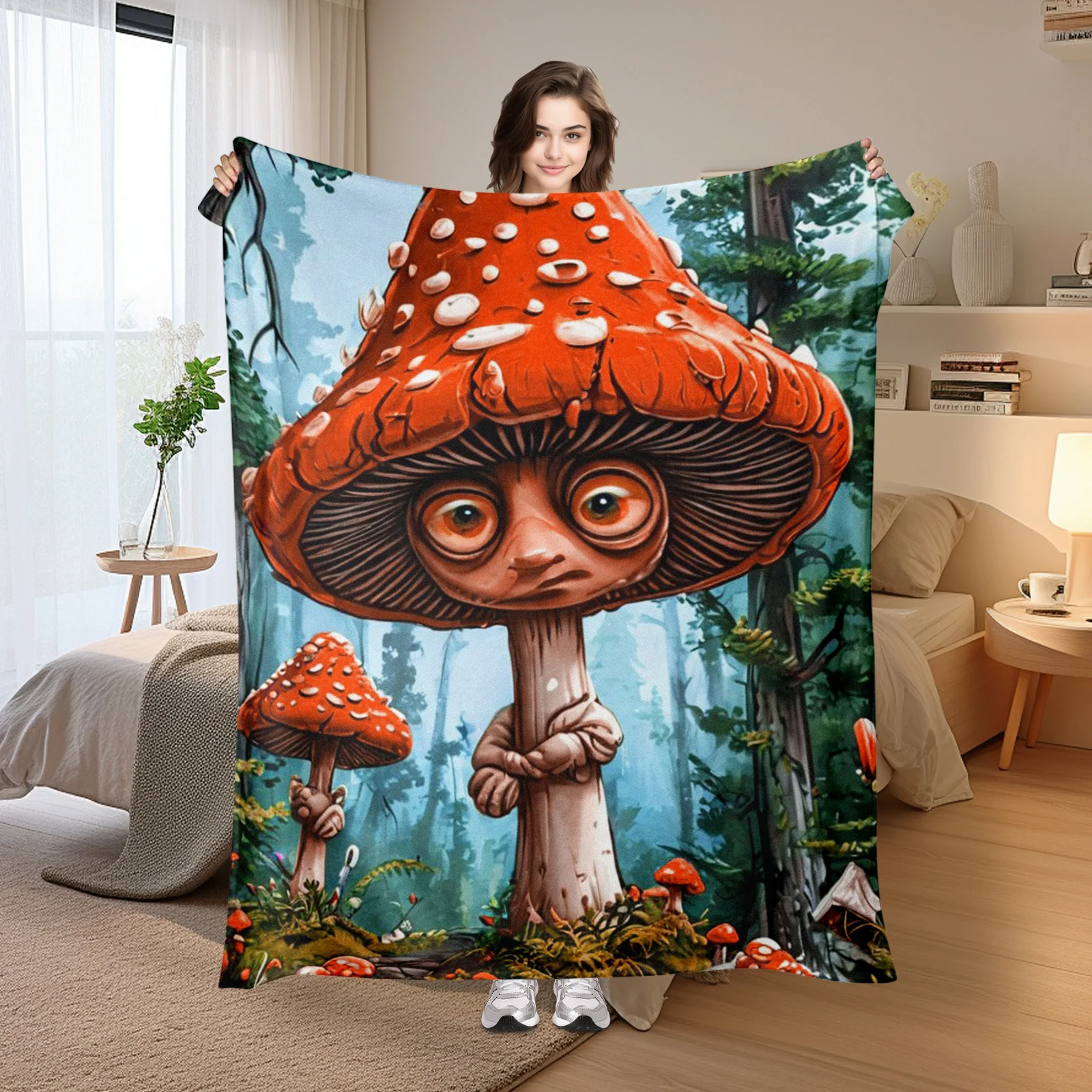 Mushroom Person In Magenta Hue Amidst Forest And Earth Blanket For A Vibrant And Nature Themed Home Decor Accent Piece