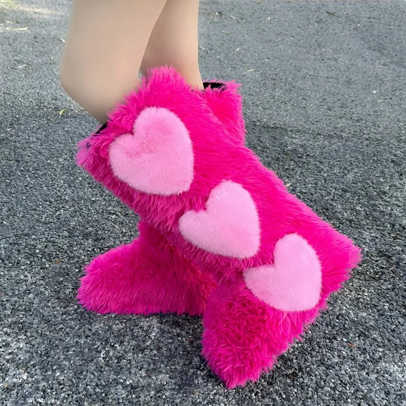 

Pink Fur Heart Shaped Boots Women Winter Fashion Snow Boots Warm Fluffy Fur Shoes Imitation Fox Fur Boots Designer Luxury Shoes