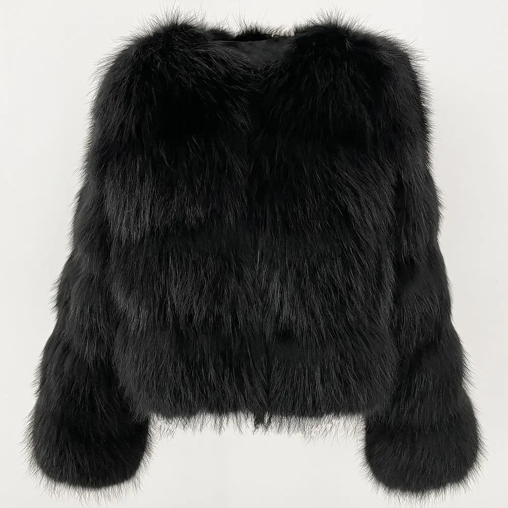 Veste en fourrure de renard naturel chaud pour femme, manteau en fourrure de raton laveur véritable, veste d'hiver pour femme, optique de luxe, col rond, 2024