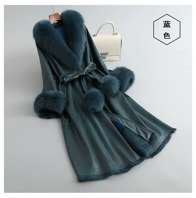 2023 New Rabbit Fur One Piece Coat for Women Mid length Fox Fur Collar Lace up Slim Fit Haining Fur Coat for Women