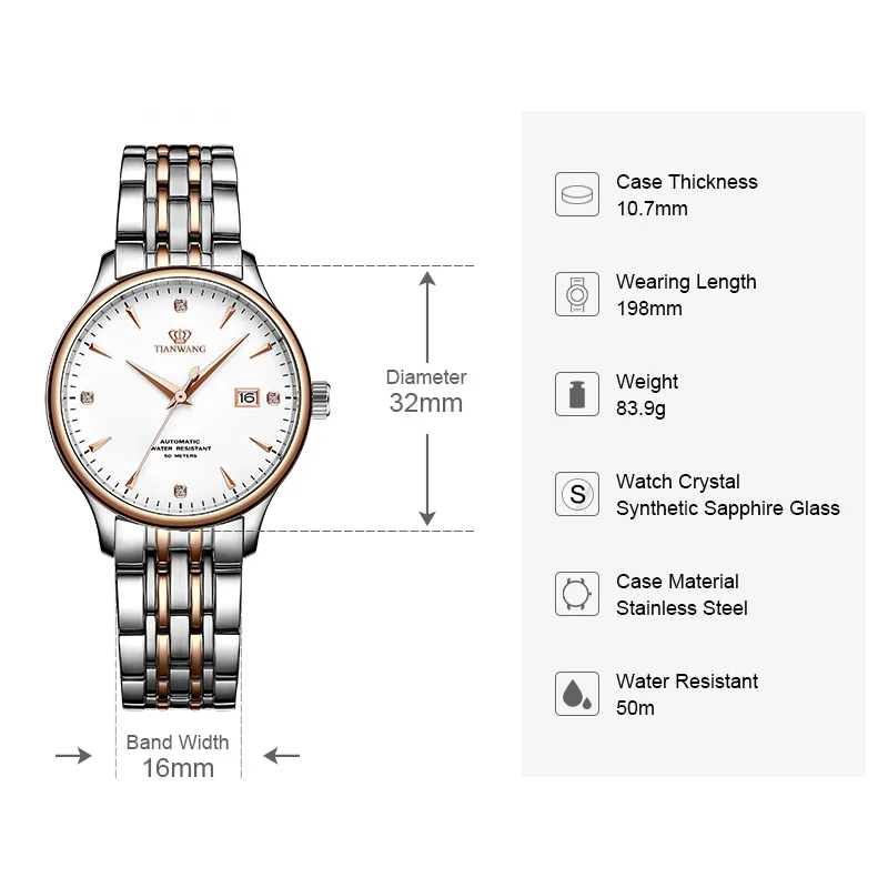 TIAN WANG Women\'s Watches Business Automatic Mechanical Watch For Ladies Wristwatch Classic Calendar Sapphire Crystal Lady Clock