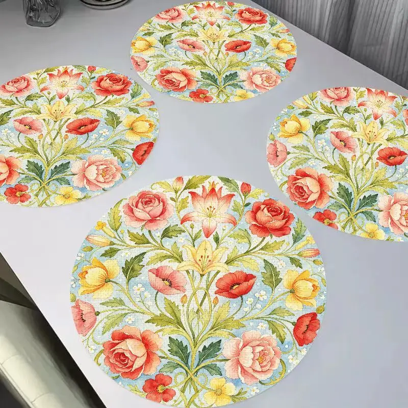 VIKAMA Garden Flower Mix Linen Round Placemats Set of 6, Non-Slip Washable Heat Resistant Kitchen Table Mats